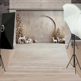 Aperturee Aperturee Minimalist Christmas Sweep Photography Backdrop with Floor Modern Wood Wall and White Reindeer Neutral Holiday Photo